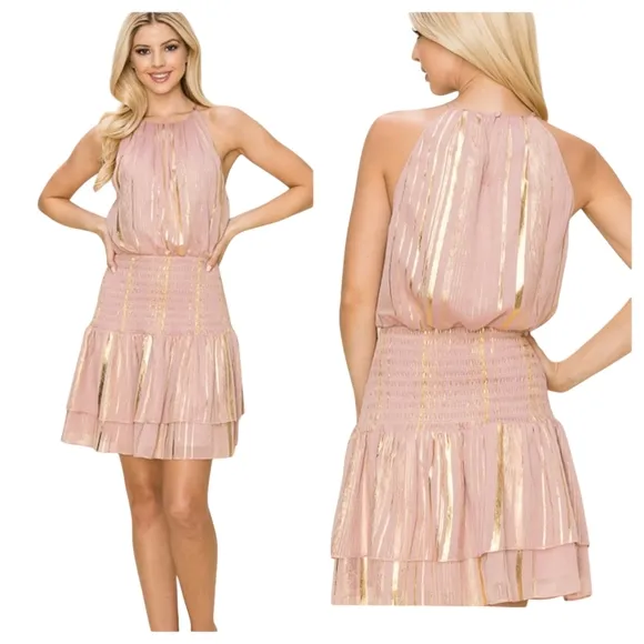 INA Pink and Gold Pleated Mini Dress Sz M Halterneck Y2K Swifty Minimalist Lined