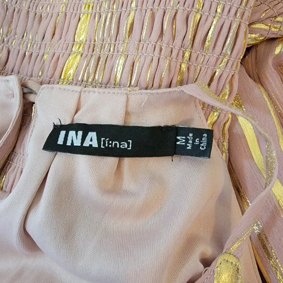 INA Pink and Gold Pleated Mini Dress Sz M Halterneck Y2K Swifty Minimalist Lined