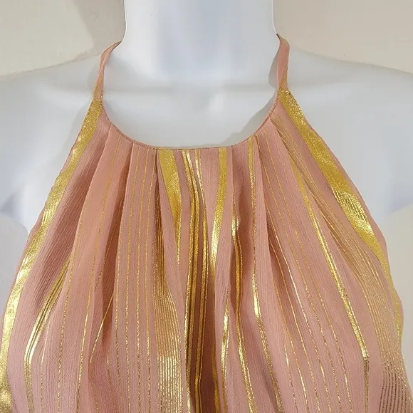 INA Pink and Gold Pleated Mini Dress Sz M Halterneck Y2K Swifty Minimalist Lined
