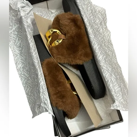INC Percita Chain Detail Faux Fur Slide Slippers 10 Brown $55 Retail NWT