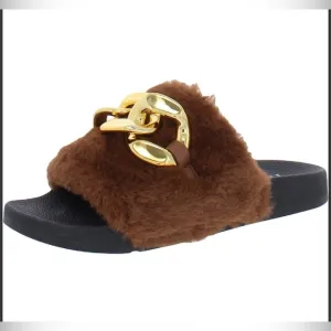 INC Percita Chain Detail Faux Fur Slide Slippers 10 Brown $55 Retail NWT