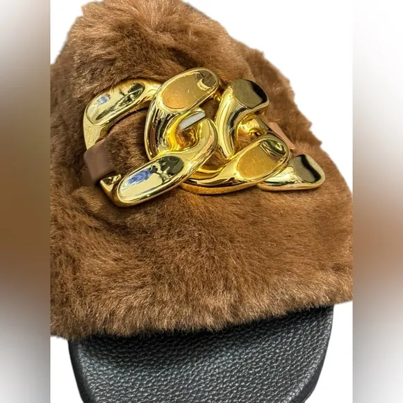 INC Percita Chain Detail Faux Fur Slide Slippers 10 Brown $55 Retail NWT