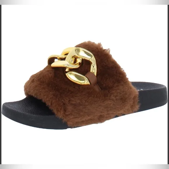 INC Percita Chain Detail Faux Fur Slide Slippers 10 Brown $55 Retail NWT