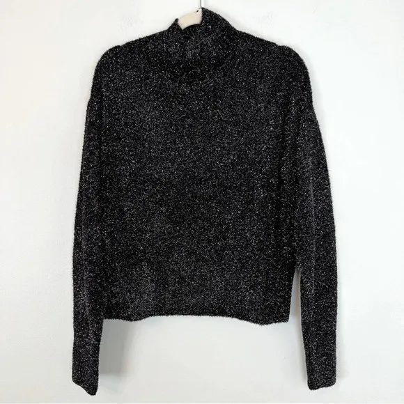 IRO Paris Clervy Metallic Mockneck Relaxed Fit Sweater Black Silver Medium NWT