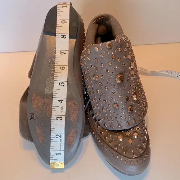 Ivy Kirzhner Gray Leather Rose Gold Studded Adobee Moccasin Boots Heels Size 8