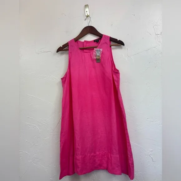 J. CREW $159 Button Back Pink 100% Linen Shift Dress Office Petite‎ Large New