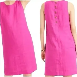 J. CREW $159 Button Back Pink 100% Linen Shift Dress Office Petite‎ Large New