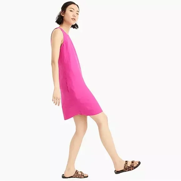 J. CREW $159 Button Back Pink 100% Linen Shift Dress Office Petite‎ Large New