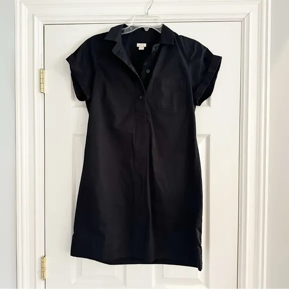 J Crew Black Collared Shift Dress Medium 100% Cotton Minimalist Popover Summer