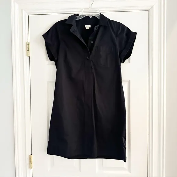 J Crew Black Collared Shift Dress Medium 100% Cotton Minimalist Popover Summer