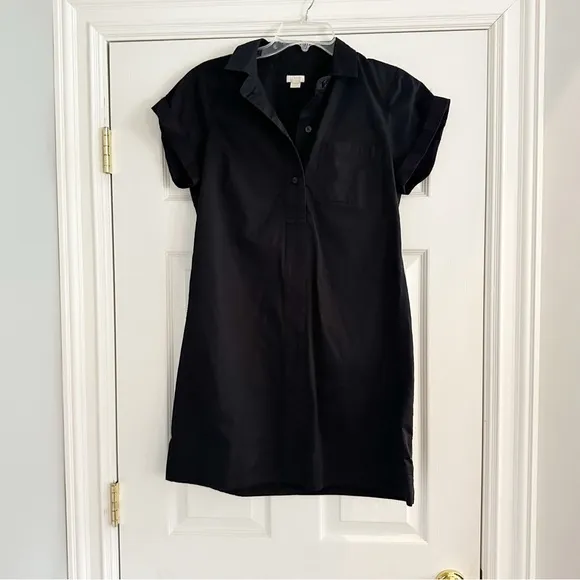 J Crew Black Collared Shift Dress Medium 100% Cotton Minimalist Popover Summer