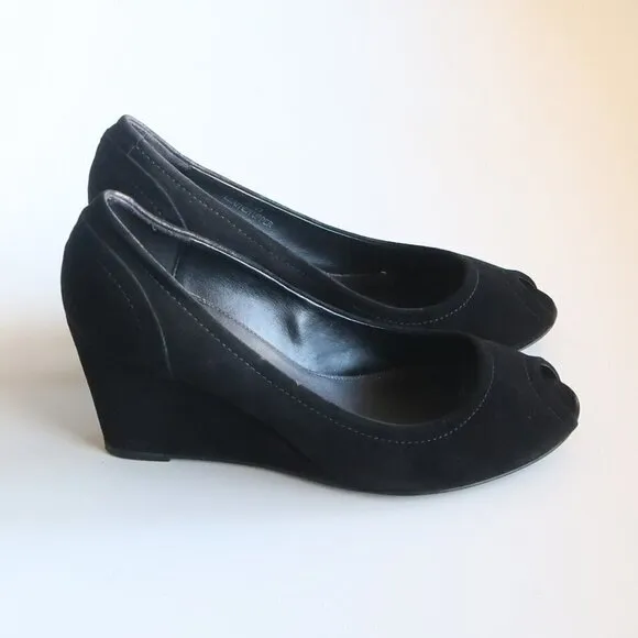J. Crew Black Suede Leather Peep Toe Wedge Heel Sandals / Dress Shoes Size 8
