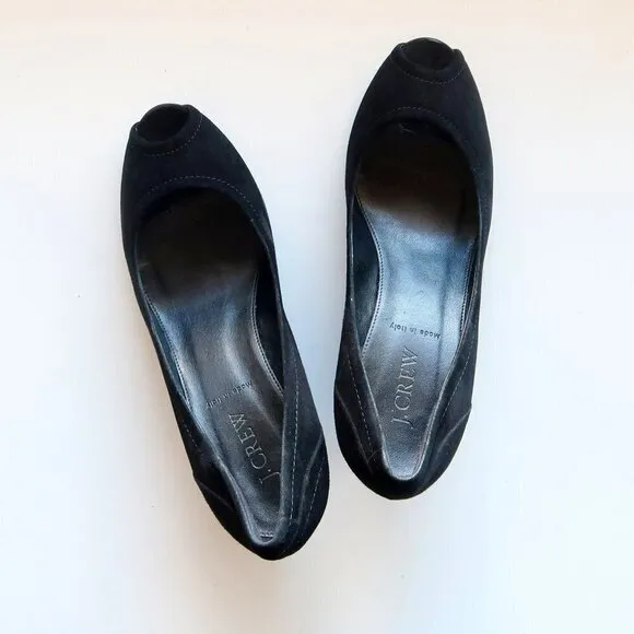 J. Crew Black Suede Leather Peep Toe Wedge Heel Sandals / Dress Shoes Size 8