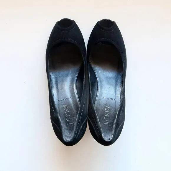J. Crew Black Suede Leather Peep Toe Wedge Heel Sandals / Dress Shoes Size 8