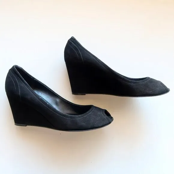 J. Crew Black Suede Leather Peep Toe Wedge Heel Sandals / Dress Shoes Size 8