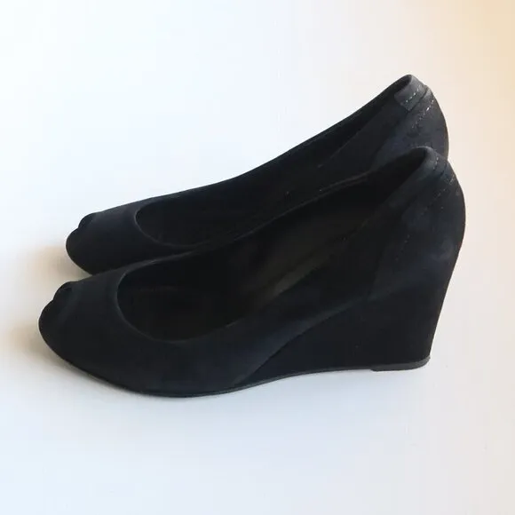 J. Crew Black Suede Leather Peep Toe Wedge Heel Sandals / Dress Shoes Size 8