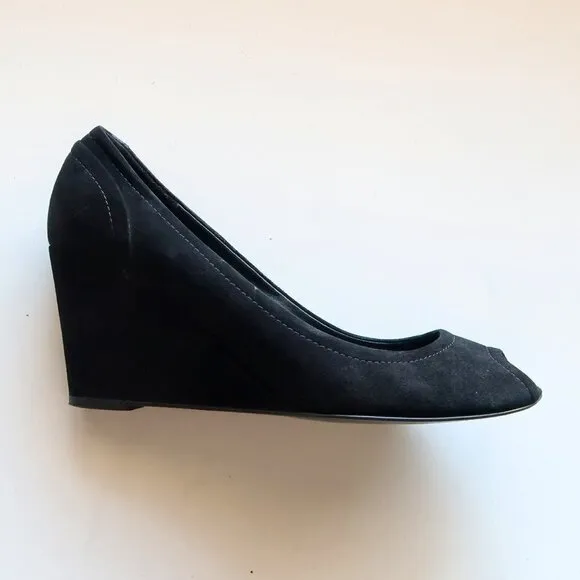 J. Crew Black Suede Leather Peep Toe Wedge Heel Sandals / Dress Shoes Size 8