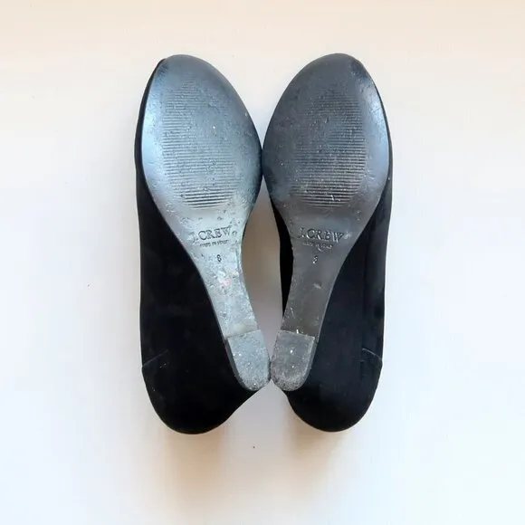J. Crew Black Suede Leather Peep Toe Wedge Heel Sandals / Dress Shoes Size 8