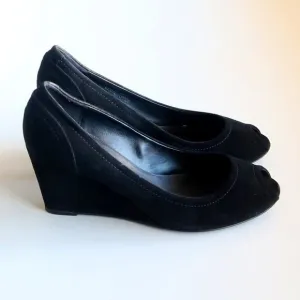 J. Crew Black Suede Leather Peep Toe Wedge Heel Sandals / Dress Shoes Size 8