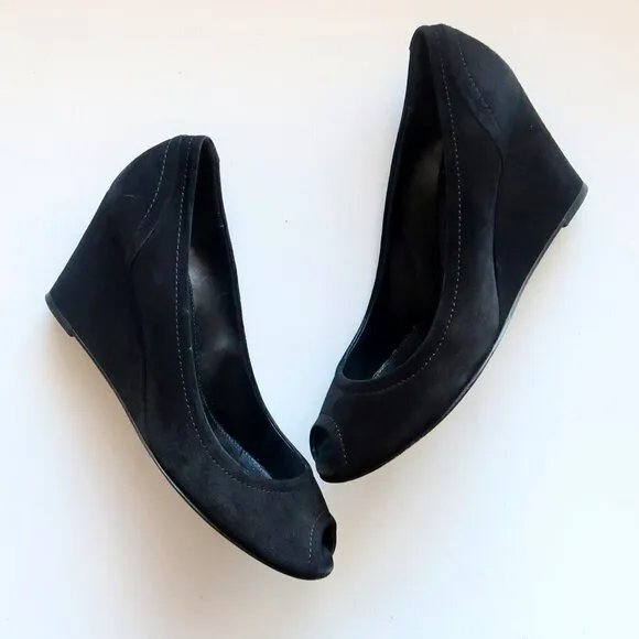 J. Crew Black Suede Leather Peep Toe Wedge Heel Sandals / Dress Shoes Size 8