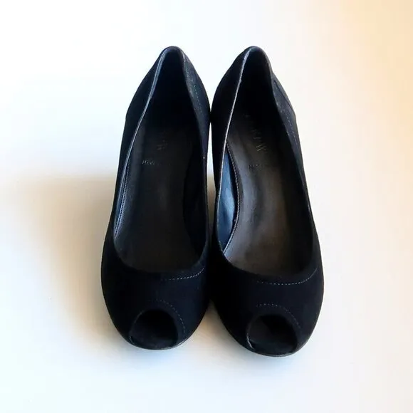 J. Crew Black Suede Leather Peep Toe Wedge Heel Sandals / Dress Shoes Size 8