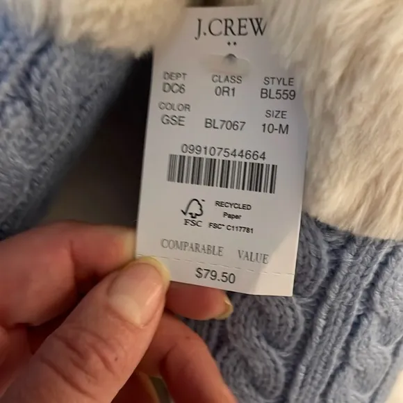 J. CREW Cozy Blue Cable Knit Slippers with Faux Fur