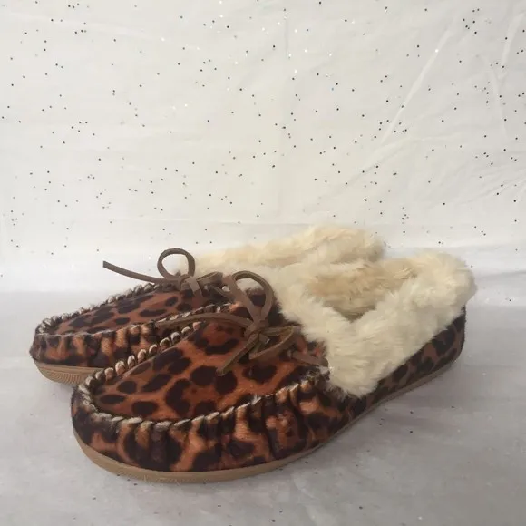 J Crew Faux Calf Hair Leopard Print Fuzzy Faux Fur  Moc Slippers - Size 10 Cozy