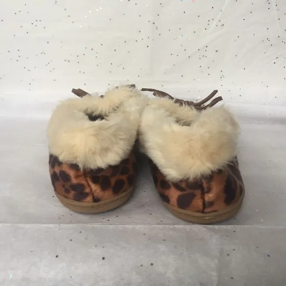 J Crew Faux Calf Hair Leopard Print Fuzzy Faux Fur  Moc Slippers - Size 10 Cozy
