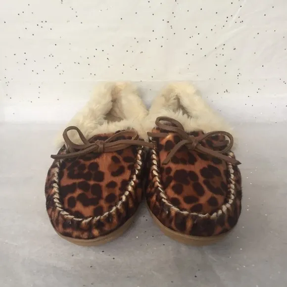 J Crew Faux Calf Hair Leopard Print Fuzzy Faux Fur  Moc Slippers - Size 10 Cozy