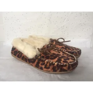 J Crew Faux Calf Hair Leopard Print Fuzzy Faux Fur  Moc Slippers - Size 10 Cozy