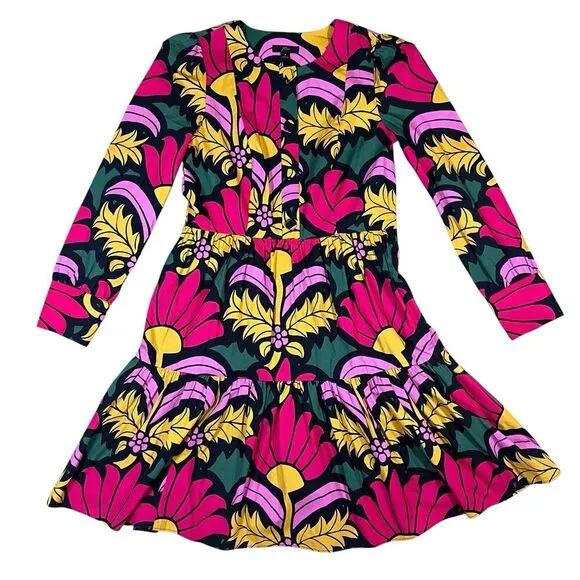 J. CREW Pink Yellow Floral Ratti Grandi Fiori Tiered Popover Short Dress Size 4