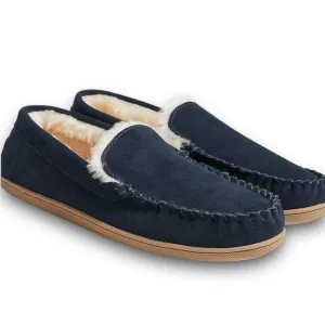 J Crew Slippers Mens 12 Navy Blue Suede Faux Shearling Moccasins Shoes