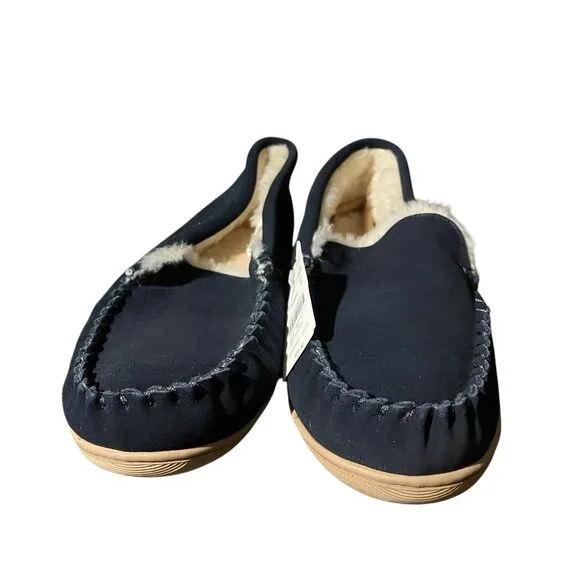 J Crew Slippers Mens 12 Navy Blue Suede Faux Shearling Moccasins Shoes