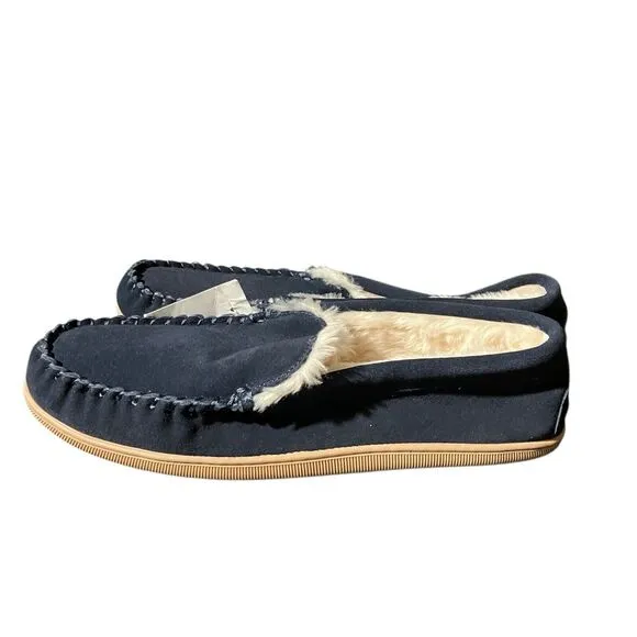 J Crew Slippers Mens 12 Navy Blue Suede Faux Shearling Moccasins Shoes