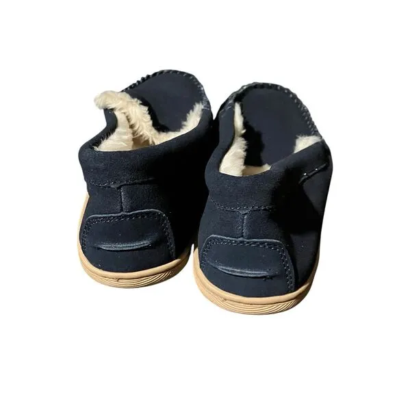 J Crew Slippers Mens 12 Navy Blue Suede Faux Shearling Moccasins Shoes