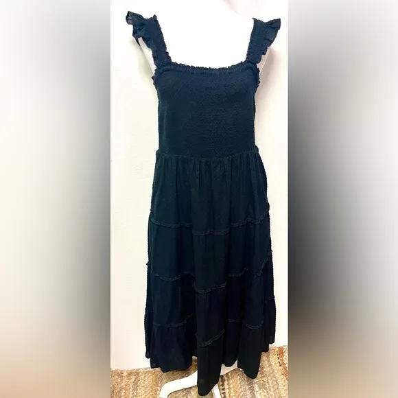 J Crew Smocked Tiered Maxi Boho Minimalist Dress Clip-Dot Style Size Medium