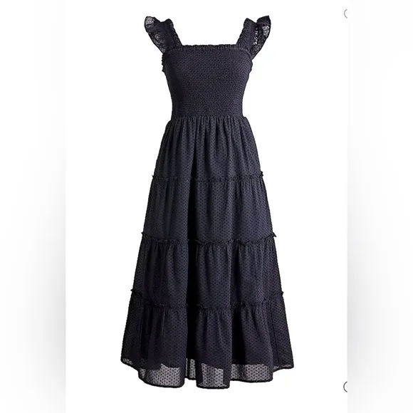 J Crew Smocked Tiered Maxi Boho Minimalist Dress Clip-Dot Style Size Medium