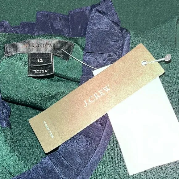 J. Crew Womens NWT Green Navy Ruffle Trim Zip Back Minimalist Chic Size Dress 12