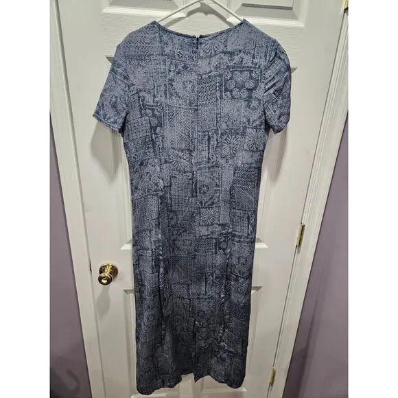 J. Jill 100% Silk Midi Dress Size 10 Blue Boho Artsy Minimalist Core V-Neck
