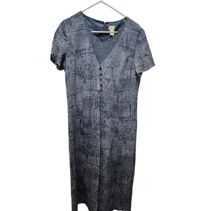 J. Jill 100% Silk Midi Dress Size 10 Blue Boho Artsy Minimalist Core V-Neck