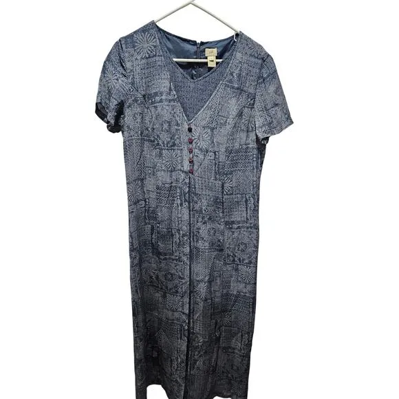 J. Jill 100% Silk Midi Dress Size 10 Blue Boho Artsy Minimalist Core V-Neck