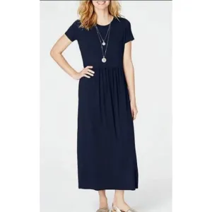 J. Jill Womens Short Sleeve Jersey Midi Maxi Dress M Navy Pockets Minimalist