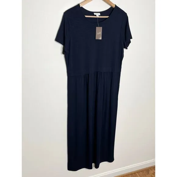 J. Jill Womens Short Sleeve Jersey Midi Maxi Dress M Navy Pockets Minimalist
