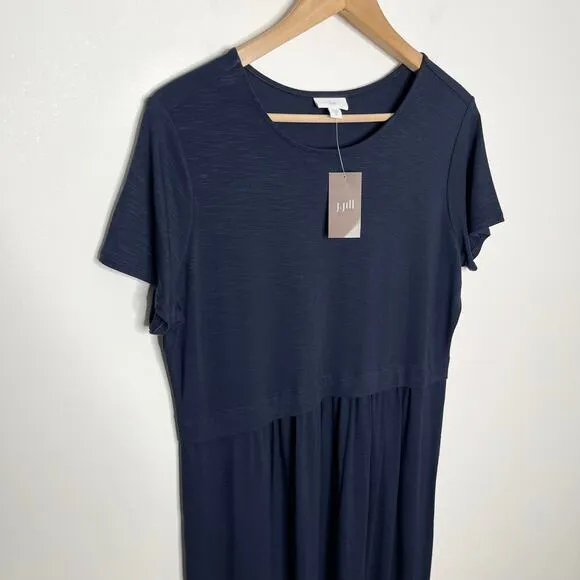 J. Jill Womens Short Sleeve Jersey Midi Maxi Dress M Navy Pockets Minimalist