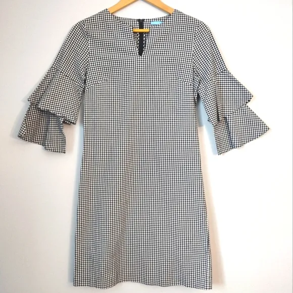 J. McLaughlin Letty Bell Ruffle Sleeve Cotton Gingham Black White Checked‎