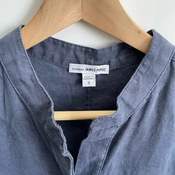 James Perse Dress 2 M 100% Linen Drawstring Waist Sleeveless Blue Luxury Cinched
