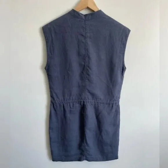 James Perse Dress 2 M 100% Linen Drawstring Waist Sleeveless Blue Luxury Cinched