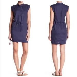 James Perse Dress 2 M 100% Linen Drawstring Waist Sleeveless Blue Luxury Cinched