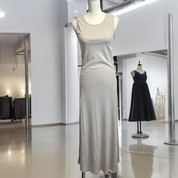 James Perse Neutral Minimalist Tan Rib Knit Maxi Tank Dress Size 2 NWT