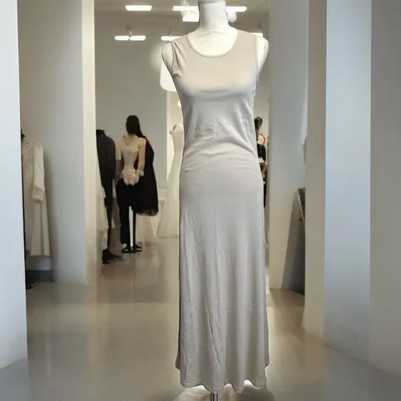 James Perse Neutral Minimalist Tan Rib Knit Maxi Tank Dress Size 2 NWT